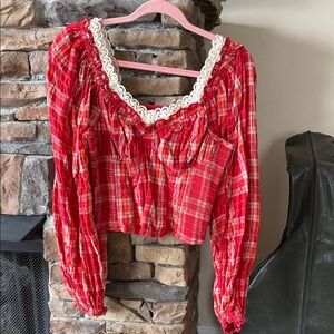 Free People Red Plaid Peasant Top with Cream Trim